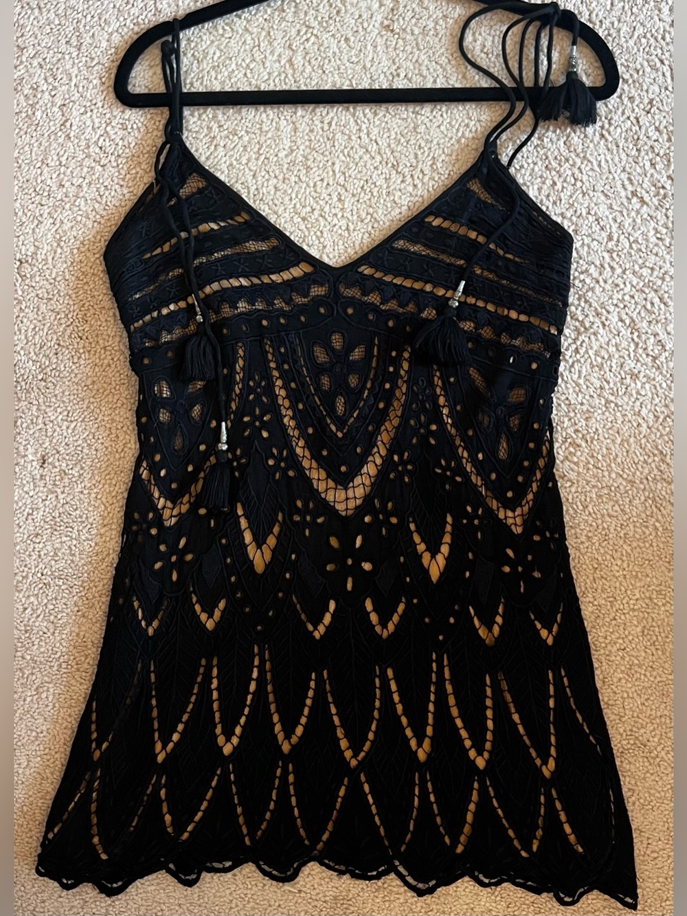 SOLD - Free People PYT Mini Dress – Black/Tan Lace Boho Festival Party